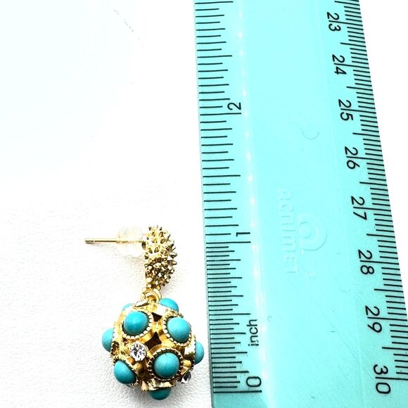 Womens Earrings Turquoise Glass Rhinestone Drop Gold Plated Pierced Chandelier - Picture 5 of 5